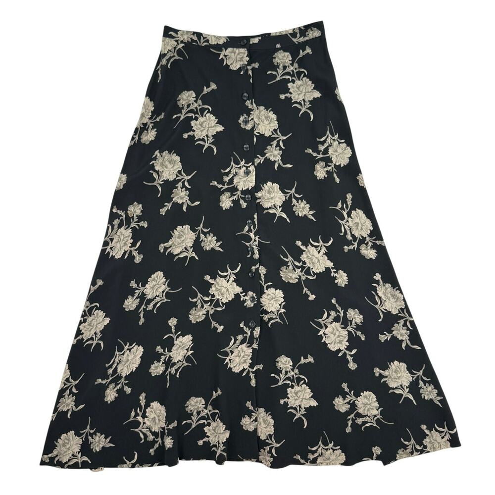 Vintage Jones New York Floral Maxi Skirt Size 6 Black Minimalist Cottagecore 90s